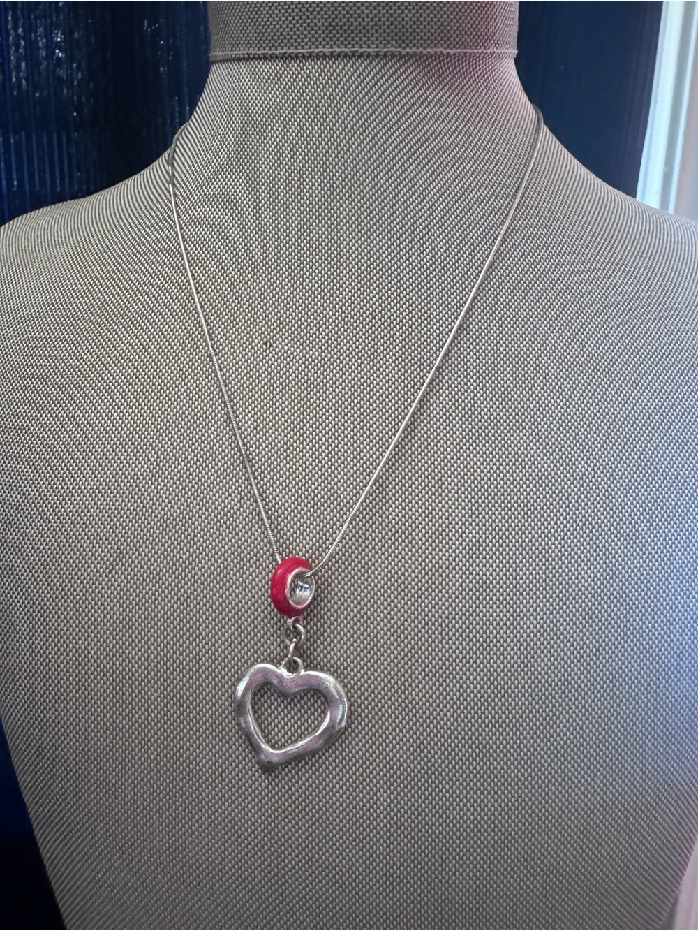 Silver Heart Pendant Necklace with red Accent Bead